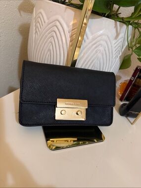 Michael Kors Black Saffiano Crossbody Wallet with Gold Hardware